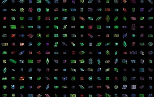 Illustration of new compounds being tested to illustrate the MatterGen diffusion model from Microsoft that uses AI to speed up materials discovery.