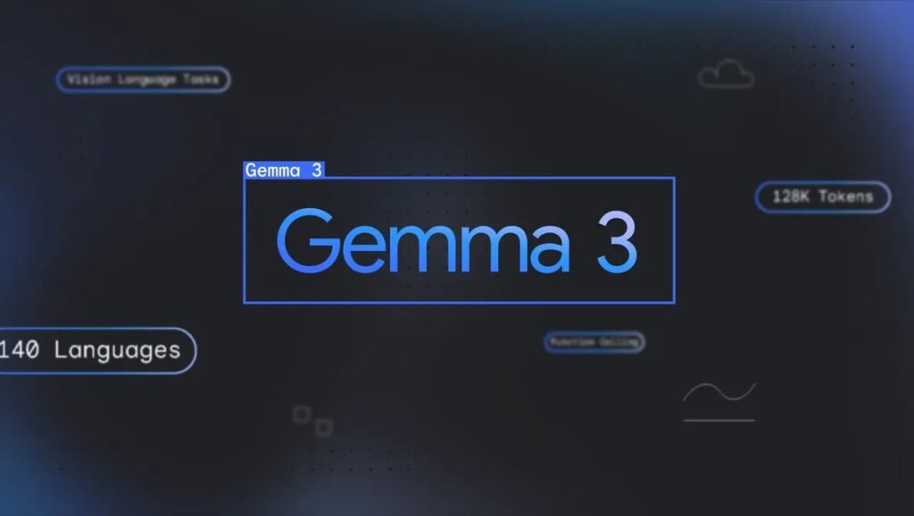 Gemma 3 illustration from Google with some capabilities of the open source AI model in the background as the latest models aim to set a new benchmark for AI accessibility and enable developers to create applications across a wide range of devices.