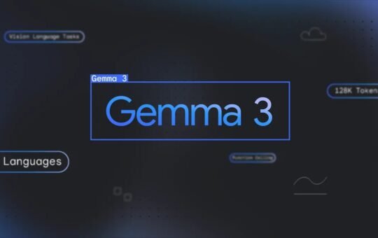 Gemma 3 illustration from Google with some capabilities of the open source AI model in the background as the latest models aim to set a new benchmark for AI accessibility and enable developers to create applications across a wide range of devices.