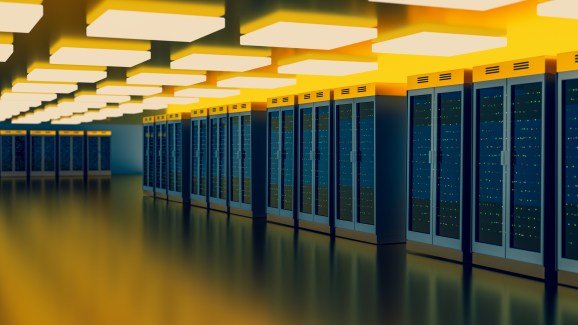 Server racks in server room cloud data center. Datacenter hardware cluster. Backup, hosting, mainframe, mining, farm and computer rack with storage information. 3D rendering. 3D illustration