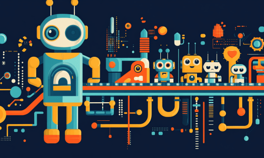 Flat illustration of colorful robot creating smaller robots on a conveyer belt against dark blue backdrop