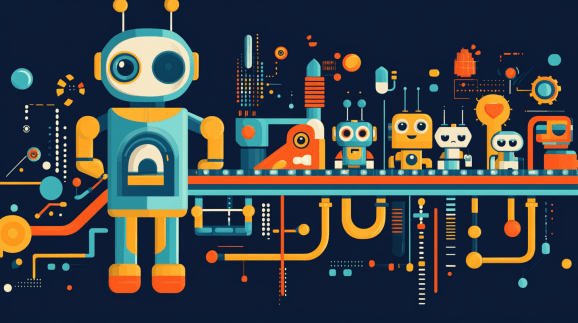 Flat illustration of colorful robot creating smaller robots on a conveyer belt against dark blue backdrop