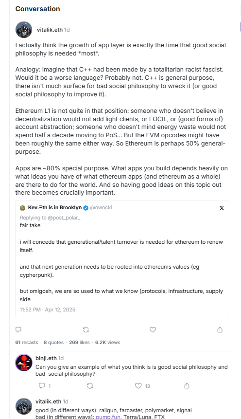 Ethereum Co-founder Vitalik Buterin emphasizing the need for a strong social philosophy in Ethereum’s application layer