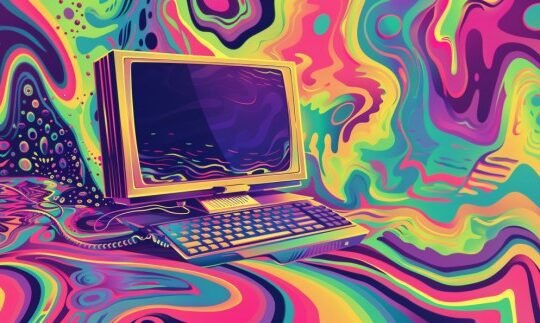 PC in colorful psychedelic room