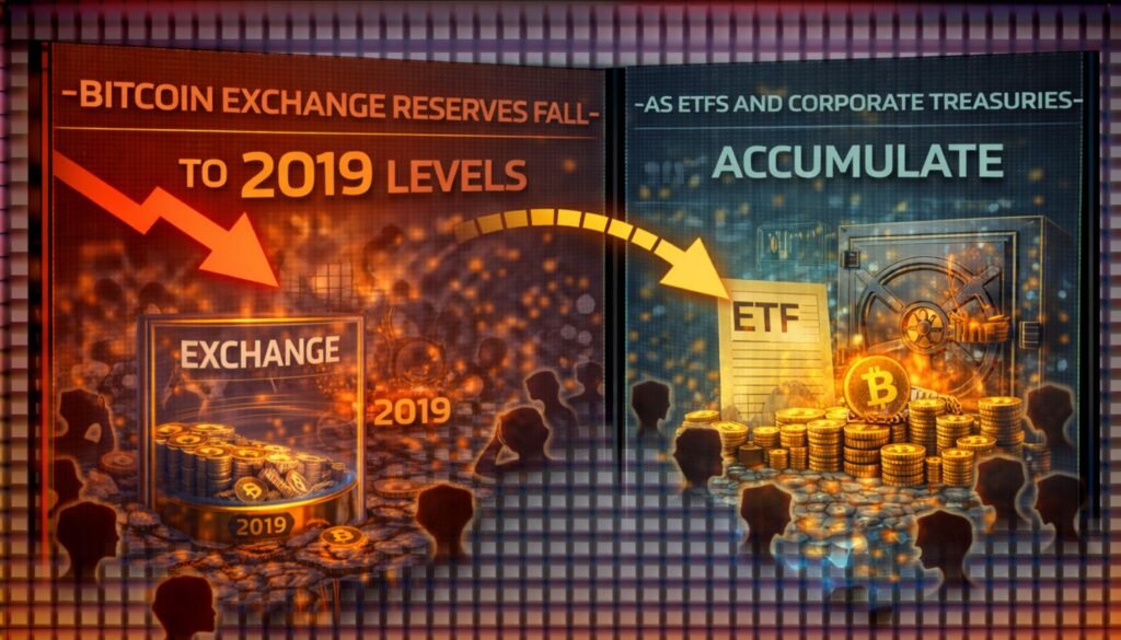 Bitcoin Exchange Reserves Fall To 2019 Levels As ETFs And Corporate Treasuries Accumulate
