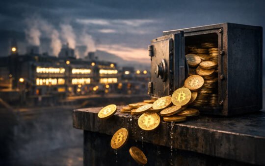 Bitcoin coins spilling from an open safe near a mining facility, symbolizing miners ending their HODL streak as a 115,335 BTC treasury declines and potential supply pressure builds