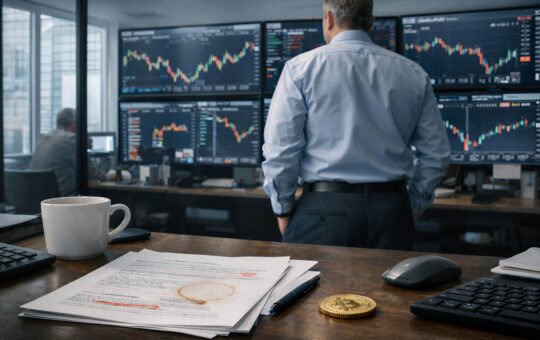 Trader reviews Bitcoin charts and market data on multiple screens as outlook questions whether 2026 will break the year-end trend