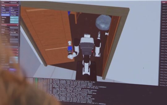 Software screenshot as virtual simulation data is driving the development of physical AI across corporate environments, led by initiatives like Ai2’s MolmoBot.