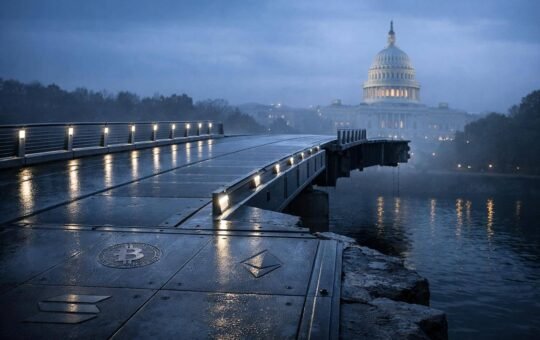 Broken bridge leading toward the U.S. Capitol with Bitcoin and Ethereum symbols embedded in the path, symbolizing limited SEC clarity and ongoing market distrust without Congress