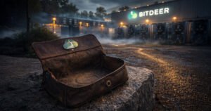 Empty leather wallet in front of a Bitdeer bitcoin mining facility at night, symbolizing Bitdeer selling its entire BTC stash