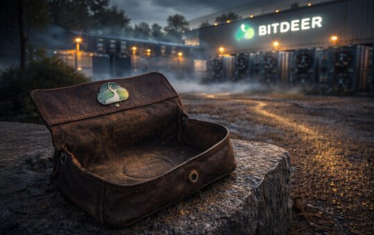 Empty leather wallet in front of a Bitdeer bitcoin mining facility at night, symbolizing Bitdeer selling its entire BTC stash