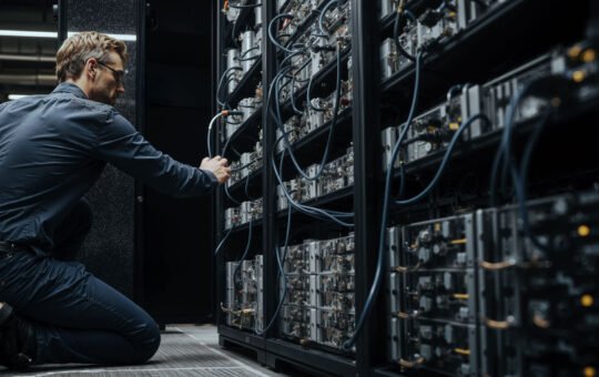 Engineer adjusting Bitcoin mining servers in a data center amid network power struggle over anti-spam proposal and disputed node support
