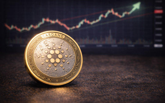 A Cardano (ADA) cryptocurrency token placed on a table with a blurred upward-trending market chart in the background.