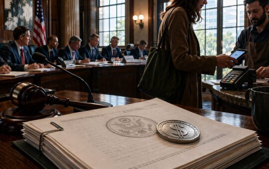 Congressional hearing room with U.S. documents and a dollar coin in the foreground as a woman pays by phone, symbolizing stablecoins becoming easier to use while Bitcoin still awaits regulatory clarity