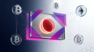3D Japanese flag with Bitcoin symbols and purple geometric grids representing crypto regulatory reform