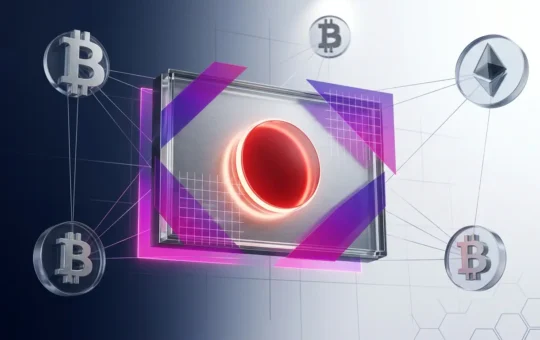 3D Japanese flag with Bitcoin symbols and purple geometric grids representing crypto regulatory reform