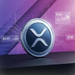 XRP cryptocurrency coin with purple-magenta gradient backdrop and holographic price data visualization