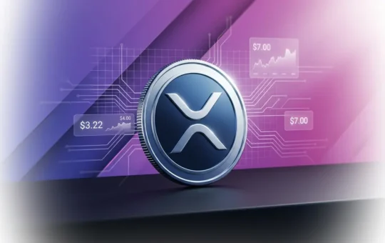 XRP cryptocurrency coin with purple-magenta gradient backdrop and holographic price data visualization
