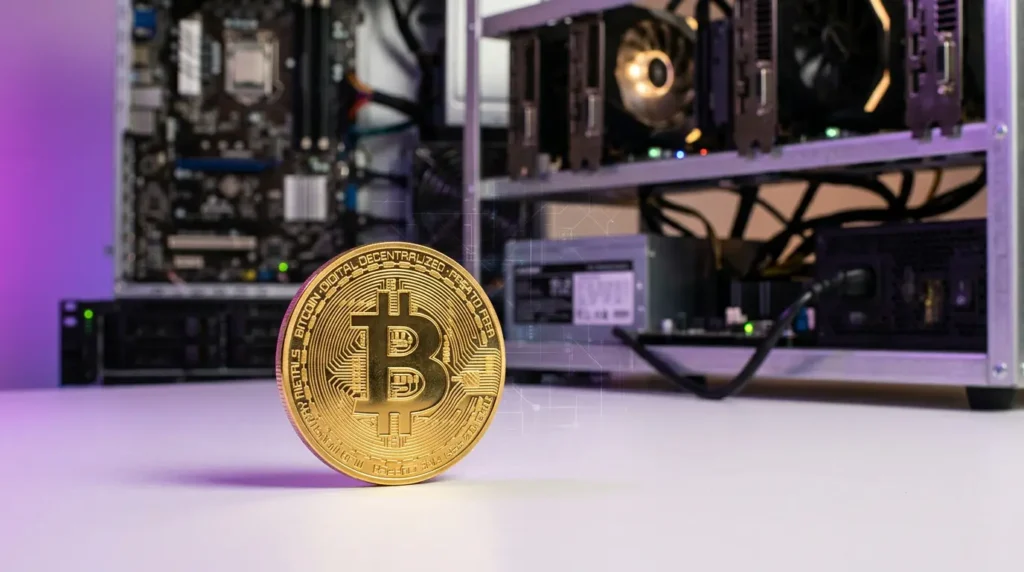 Bitcoin coin with mining hardware in studio lighting with purple gradient accents