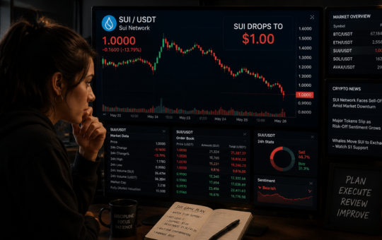 A trader analyzing a bearish Sui chart