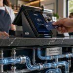 Visa payment terminal sits above stablecoin rails as digital dollars move through mainstream payment plumbing