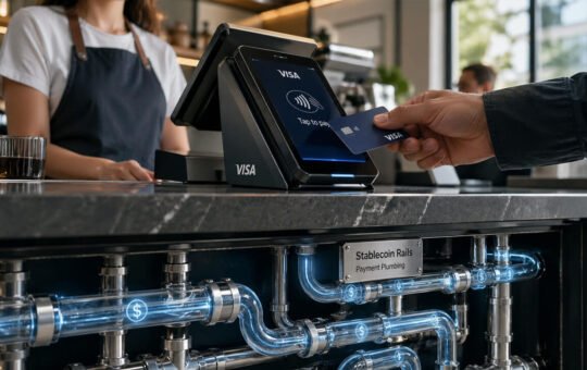 Visa payment terminal sits above stablecoin rails as digital dollars move through mainstream payment plumbing