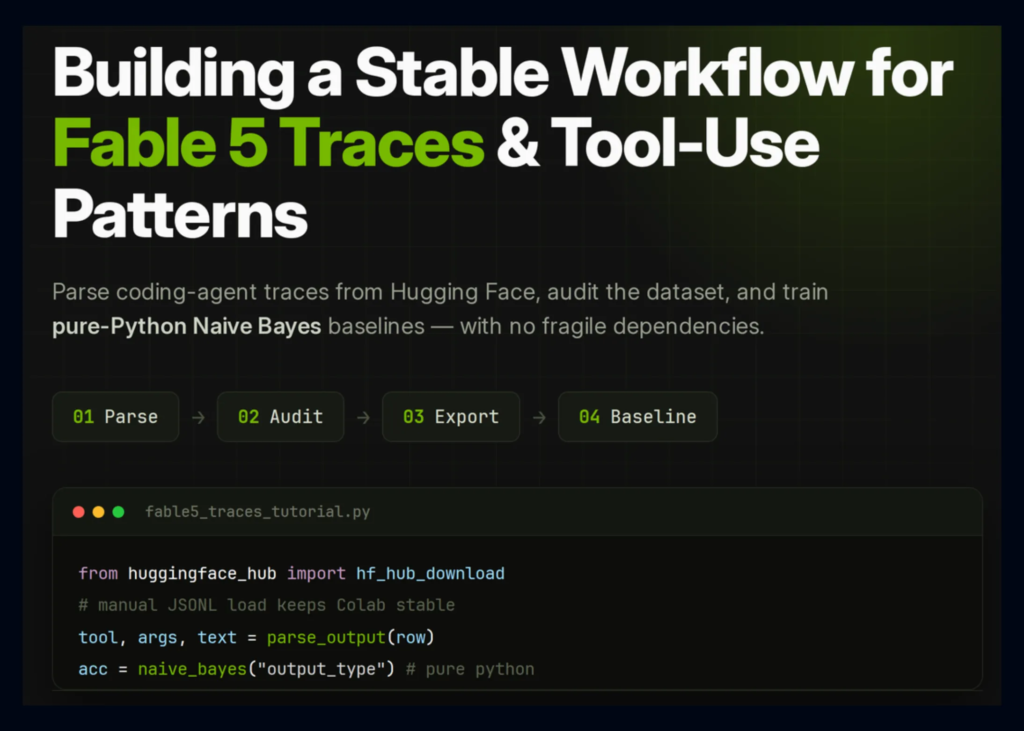 Building a Stable Fable 5 Traces Workflow in Colab: Parsing Tool Calls, Auditing Data, and Training Baselines