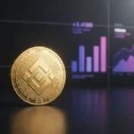 BNB coin with rising volume charts in purple-magenta gradient representing blockchain DEX dominance