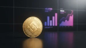 BNB coin with rising volume charts in purple-magenta gradient representing blockchain DEX dominance