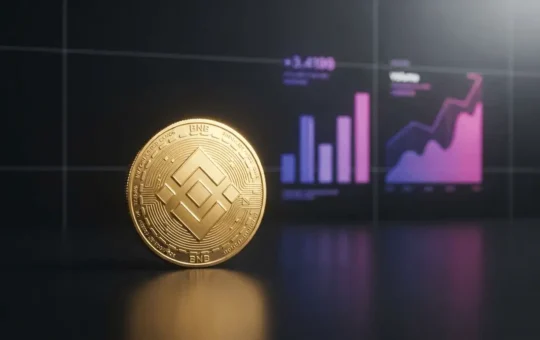 BNB coin with rising volume charts in purple-magenta gradient representing blockchain DEX dominance