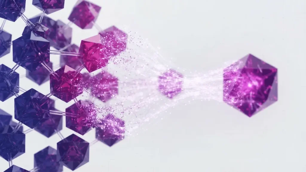 Ethereum validator nodes consolidating from many small crystals into fewer larger nodes on grid background