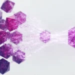 Ethereum validator nodes consolidating from many small crystals into fewer larger nodes on grid background