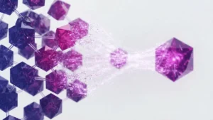 Ethereum validator nodes consolidating from many small crystals into fewer larger nodes on grid background