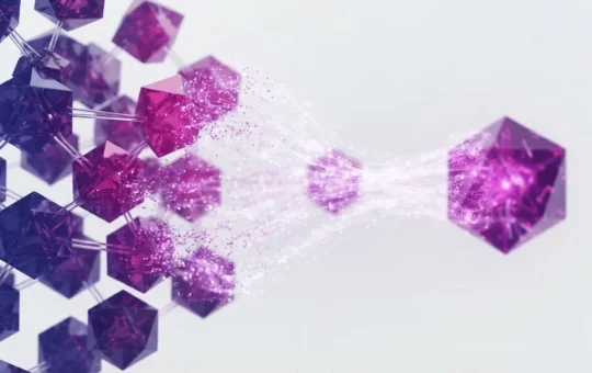 Ethereum validator nodes consolidating from many small crystals into fewer larger nodes on grid background