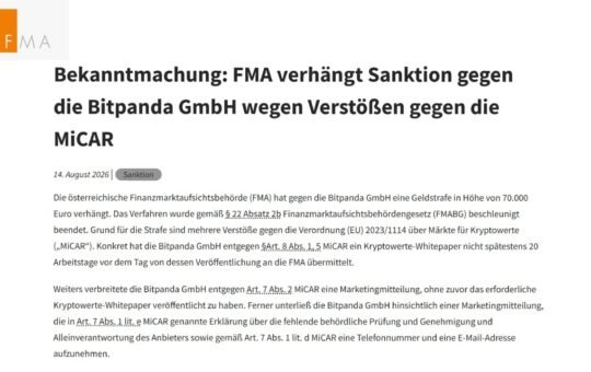 Austria Fines Bitpanda 70,000 Euros in First MiCA Crypto Penalty