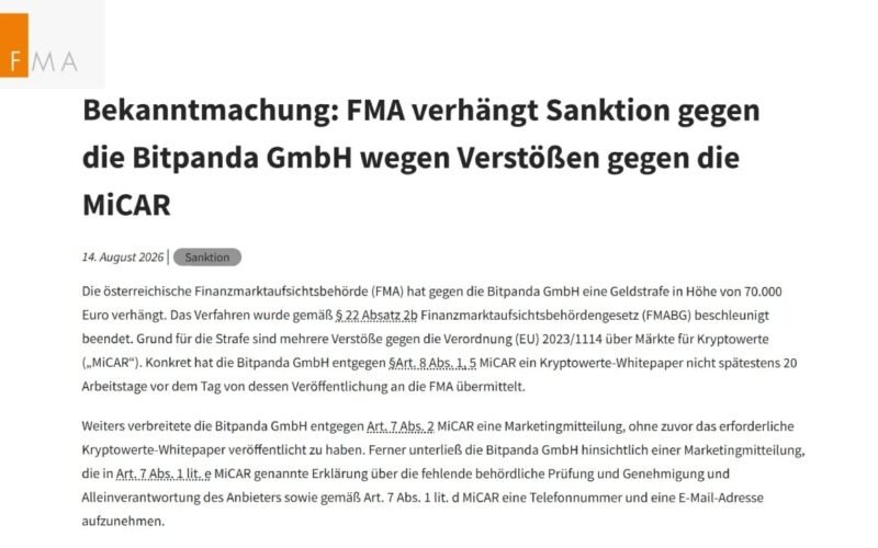 Austria Fines Bitpanda 70,000 Euros in First MiCA Crypto Penalty