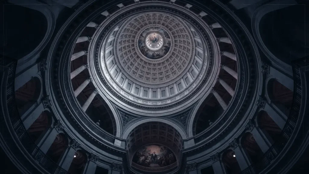 US Capitol dome interior with dramatic lighting showing legislative architecture and political tension