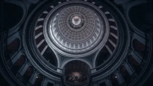 US Capitol dome interior with dramatic lighting showing legislative architecture and political tension