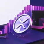 Abstract XRP token rising through a crypto market grid with magenta momentum and institutional trading signals