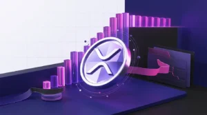 Abstract XRP token rising through a crypto market grid with magenta momentum and institutional trading signals