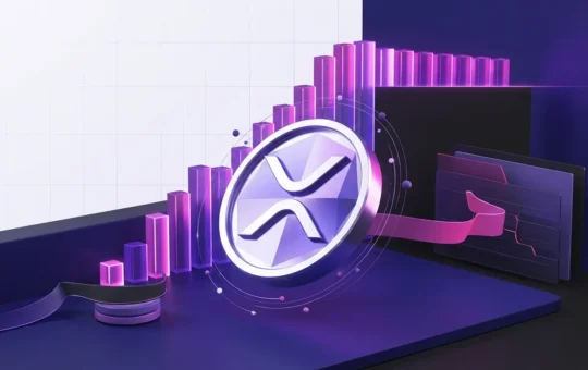 Abstract XRP token rising through a crypto market grid with magenta momentum and institutional trading signals