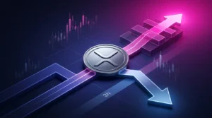 XRP-inspired coin at a market-chart crossroads showing conflicting bullish and bearish outlooks