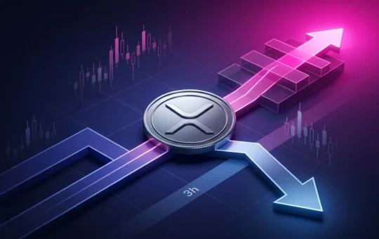 XRP-inspired coin at a market-chart crossroads showing conflicting bullish and bearish outlooks