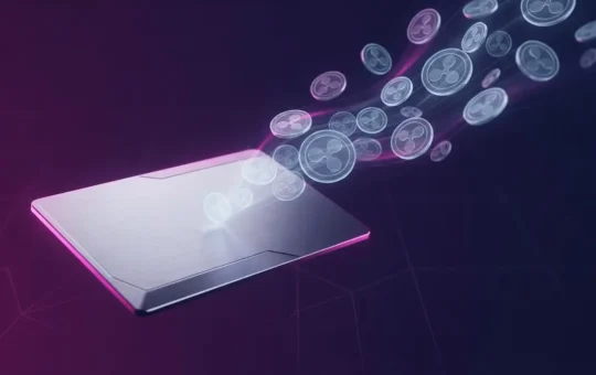 Credit card with holographic XRP coins emerging, representing Japan's crypto loyalty program integration