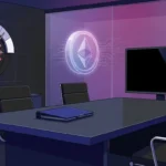 Abstract SEC crypto fundraising vote delayed in a modern indigo and magenta regulatory meeting scene