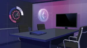 Abstract SEC crypto fundraising vote delayed in a modern indigo and magenta regulatory meeting scene