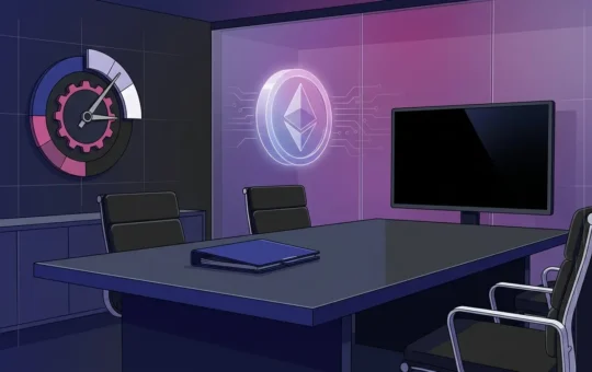 Abstract SEC crypto fundraising vote delayed in a modern indigo and magenta regulatory meeting scene