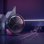 Abstract XRP market analysis with a digital exchange tower and price threshold visual