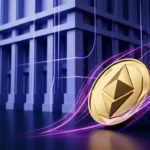 Faceted gold crypto token rising against magenta market momentum and a cool blue macroeconomic resistance wall