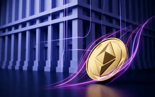 Faceted gold crypto token rising against magenta market momentum and a cool blue macroeconomic resistance wall